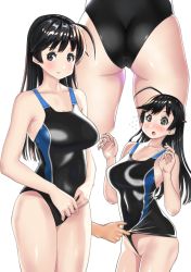 Rule 34 | 1girl, :o, ahoge, ass, black eyes, black hair, black one-piece swimsuit, blush, breasts, cleavage, clothes pull, commentary, competition swimsuit, covered navel, embarrassed, flying sweatdrops, frontal wedgie, frown, girls und panzer, groin, highres, isuzu hana, jacket, large breasts, leaning back, light smile, long hair, looking at viewer, looking down, multiple views, one-piece swimsuit, one-piece swimsuit pull, open clothes, open jacket, partially visible vulva, pulling another&#039;s clothes, skindentation, standing, swimsuit, thighs, w arms, wedgie, yamano rita