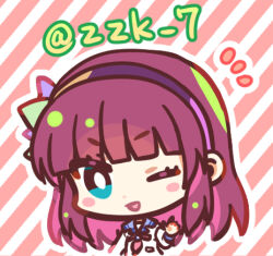 Rule 34 | 1girl, :d, angel beats!, aqua eyes, blue sailor collar, blunt bangs, blush stickers, bow, bright pupils, chibi, commentary request, green bow, hair bow, long sleeves, looking at viewer, lowres, medium hair, nakamura yuri, neckerchief, notice lines, one eye closed, open mouth, pink neckerchief, purple hair, sailor collar, shinda sekai sensen uniform, shirt, simple background, smile, solo, straight hair, striped, striped background, twitter username, waving, white pupils, white shirt, zuzuhashi