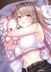 Rule 34 | 1girl, armpits, ayaginu temari, bare arms, bare shoulders, black shorts, breasts, brown hair, colored inner hair, crop top, crop top overhang, flower knot, hair ribbon, highres, hugging doll, hugging object, isekai tensei shite v ni narimashita, long hair, looking at viewer, lying, mary is mine, medium breasts, midriff, mole, mole under eye, multicolored hair, navel, on side, open fly, open mouth, pink hair, red eyes, ribbed shirt, ribbon, shirt, shorts, sleeveless, sleeveless shirt, solo, stomach, stuffed animal, stuffed rabbit, stuffed toy, two-tone hair, underboob, virtual youtuber, white shirt