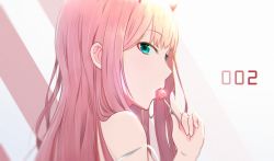 Rule 34 | 10s, 1girl, aqua eyes, bare shoulders, candy, darling in the franxx, eating, food, highres, holding, holding food, horns, in mouth, lollipop, long hair, pink hair, profile, red horns, solo, teataster, zero two (darling in the franxx)