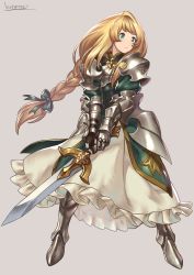Rule 34 | 1girl, armor, armored boots, armored dress, artist name, blonde hair, boots, braid, braided ponytail, closed mouth, dress, expressionless, faulds, full body, gauntlets, green dress, green eyes, grey background, hair ribbon, highres, holding, holding sword, holding weapon, knight, kotatsu (g-rough), long hair, looking away, no nose, original, pauldrons, puffy sleeves, ribbon, shoulder armor, signature, simple background, single braid, solo, standing, sword, vambraces, weapon