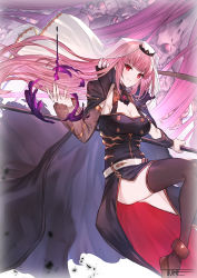 Rule 34 | 1girl, anklet, belt, black cloak, black dress, black thighhighs, breasts, center opening, cleavage, cloak, closed mouth, commentary, detached sleeves, dress, english commentary, floating hair, foot out of frame, gold trim, grey background, highres, holding, holding scythe, hololive, hololive english, jewelry, jun wei, large breasts, long hair, looking at viewer, magic, mori calliope, pink hair, red eyes, scythe, see-through, see-through sleeves, signature, simple background, single thighhigh, skull, smile, solo, spikes, thighhighs, thighs, tiara, veil, virtual youtuber, white belt