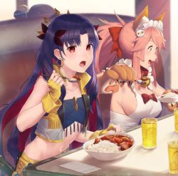 Rule 34 | 3girls, absurdres, ahoge, animal ear fluff, animal ears, animal hands, apron, artoria pendragon (fate), baseball cap, bell, black hair, black ribbon, blonde hair, blush, breasts, cat hair ornament, cat paws, cleavage, collar, collarbone, commentary, commentary request, cropped vest, curry, curry rice, earrings, eating, fang, fate/grand order, fate (series), fingerless gloves, food, fox ears, fox girl, gloves, hair ornament, hair ribbon, hat, highres, holding, holding spoon, hoop earrings, ishtar (fate), jewelry, jingle bell, large breasts, midriff, multicolored hair, multiple girls, mysterious heroine x (fate), naked apron, navel, neck bell, oishiimelon, open clothes, open mouth, open vest, paw gloves, pink hair, plate, red eyes, red hair, ribbon, rice, shorts, sideboob, small breasts, space ishtar (fate), space ishtar (second ascension) (fate), spoon, tamamo (fate), tamamo cat (fate), tamamo cat (third ascension) (fate), tiara, two-tone hair, vest, white apron, yellow eyes, yellow gloves, yellow shorts, yellow vest