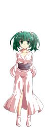 Rule 34 | 1girl, alphes (style), collarbone, dairi, full body, green eyes, green hair, hair bobbles, hair ornament, highres, japanese clothes, kimono, kisume, long sleeves, looking at viewer, matching hair/eyes, parody, sash, smile, solo, standing, style parody, touhou, transparent background, twintails, wide sleeves, yukata