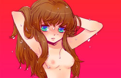 Rule 34 | 1girl, armpits, arms up, blue eyes, breasts, collarbone, dripping, female focus, hands in hair, looking at viewer, nipples, orange hair, original, poitanu, red background, shaded face, simple background, small breasts, solo, sweat, topless frame, upper body
