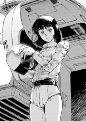 1girl belt blush breasts expressionless fa_yuiry greyscale gundam helmet highres holding holding_helmet kaeru_no_papa looking_at_viewer mecha mecha_pilot_suit medium_breasts medium_hair methuss monochrome normal_suit robot shadow solo unworn_headwear unworn_helmet zeta_gundam