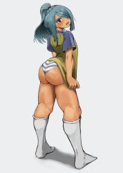 Rule 34 | 1boy, absurdres, ass, blush, clothes, clothes grab, green hair, hair over one eye, highres, huge ass, inazuma eleven (series), kazemaru ichirouta, long hair, looking at viewer, looking back, male focus, open mouth, panties, partially undressed, ponytail, simple background, socks, solo, striped clothes, striped panties, toothbrush (artist), underwear, wedgie