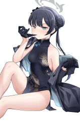 Rule 34 | 1girl, absurdres, bare legs, biting, black dress, black gloves, black hair, blue archive, breasts, china dress, chinese clothes, coat, collarbone, dragon print, dress, expressionless, glove biting, gloves, grey eyes, hair bun, halo, highres, kisaki (blue archive), long hair, nuebunny, pelvic curtain, print dress, side slit, simple background, sitting, sleeveless, small breasts, solo, taut clothes, taut dress, thighs, trench coat, twintails, white background