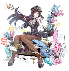 Rule 34 | 1girl, 1other, asymmetrical gloves, black hair, bof (sound voltex), breasts, butterfly tattoo, card, diamond (shape), dress, elbow gloves, fingerless gloves, flower, gloves, hat, heart, high heels, holding, holding clothes, holding hat, holding wand, kneehighs, large breasts, long hair, magic, magic trick, miss.dd, pantyhose, playing card, simple background, socks, sound voltex, spade (shape), star (symbol), star tattoo, striped clothes, striped dress, sword, syuri22, tagme, tattoo, top hat, uneven gloves, vertical stripes, wand, weapon, white background, wristband