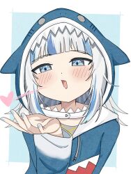 1girl animal_costume animal_hood blowing_kiss blue_background blue_eyes blue_hair blue_hoodie blue_nails blush border deararisu gawr_gura gawr_gura_(1st_costume) grey_hair highres hololive hololive_english hood hoodie medium_hair nail_polish open_mouth shark_costume shark_hood solo virtual_youtuber white_border