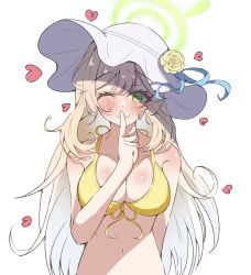 Rule 34 | 1girl, arm behind back, bare shoulders, bikini, blonde hair, blue archive, blush, breasts, cleavage, collarbone, finger to mouth, flower, green eyes, halo, hand up, hat, hat flower, heart, heart-shaped pupils, large breasts, long hair, looking at viewer, nano (oekakidaisukii), navel, nonomi (blue archive), nonomi (swimsuit) (blue archive), one eye closed, shushing, simple background, smile, solo, sun hat, swimsuit, symbol-shaped pupils, upper body, white background, white hat, yellow bikini