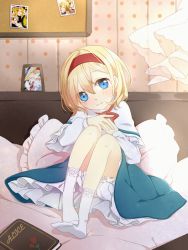 Rule 34 | 1girl, alice margatroid, ascot, bed, blonde hair, bloomers, blue eyes, blush, book, capelet, couple, flandre scarlet, frilled pillow, frills, green eyes, hairband, hat, kirisame marisa, kiss, kissing cheek, komeiji koishi, long hair, looking at viewer, on bed, photo (object), pillow, red eyes, short hair, sitting, smile, socks, solo focus, touhou, tsuno no hito, underwear, witch hat, yellow eyes, yuri