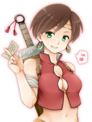 Rule 34 | 1girl, banknote, breasts, cleavage, cleavage cutout, clothing cutout, gensou suikoden, gensou suikoden iv, green eyes, ham pon, looking at viewer, midriff, mitsuba (suikoden), money, navel, short hair, simple background, smile, solo, sword, weapon, white background