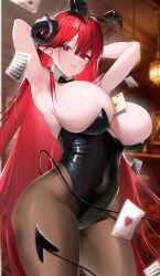 Rule 34 | 1girl, absurdres, animal ears, armpits, arms behind head, arms up, azur lane, bare shoulders, between breasts, black leotard, blurry, blush, bow, bowtie, breasts, brown pantyhose, card, cleavage, covered navel, demon girl, demon horns, demon tail, detached collar, fake animal ears, highleg, highleg leotard, highres, hindenburg (azur lane), hindenburg (delirious duel) (azur lane), holding, horns, huge breasts, indoors, large breasts, leotard, long hair, looking at viewer, oxygen mask (oxygenmask233), pantyhose, parted lips, playboy bunny, poker chip, rabbit ears, red eyes, red hair, smile, solo, strapless, strapless leotard, tail, thighs, very long hair, wrist cuffs