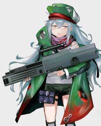Rule 34 | 1girl, assault rifle, bullpup, caseless firearm, expressionless, feet out of frame, g11 (girls&#039; frontline), girls&#039; frontline, green jacket, grey background, grey eyes, grey hair, gun, h&amp;k g11, hair between eyes, hair ornament, hat, highres, holding, holding gun, holding weapon, jacket, long hair, looking at viewer, open mouth, rifle, shirt, simple background, sleeveless, sleeveless shirt, solo, standing, toiro (mononz3), weapon