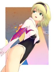 Rule 34 | 1girl, animification, blonde hair, bodysuit, breasts, commentary request, covered navel, cowboy shot, funakingyo, green eyes, gwen stacy, highleg, highleg leotard, highres, hood, hooded bodysuit, leotard, looking back, marvel, multicolored clothes, multicolored leotard, short hair, small breasts, solo, spider-gwen, spider-man: into the spider-verse, spider-man (series), spider-verse, spider web print