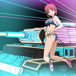 Rule 34 | 10s, 1girl, :d, a1 (initial-g), ass, bikini, blush, breasts, brown eyes, brown hair, from behind, full body, girls und panzer, head tilt, high heels, kneeling, looking back, medium breasts, military, military vehicle, motor vehicle, neon lights, nishizumi miho, open mouth, panzer iv, pink footwear, pumps, shoes, short hair, side-tie bikini bottom, smile, solo, swimsuit, tank