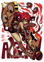 Rule 34 | 1girl, a.b.a, alex ahad, bags under eyes, bandages, blood, blue eyes, collaboration, colorized, dan ciurckzak, guilty gear, key, key in head, mouth hold, object through head, paracelsus (guilty gear), red hair, short hair, signature, simple background, solo