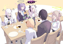 Rule 34 | 1boy, 5girls, :d, ^ ^, ahoge, animal ears, azusa (blue archive), black hair, blazer, blue archive, blush stickers, brown hair, business suit, cake, cat ears, cat girl, cat tail, chair, closed eyes, coffee, collared shirt, commentary request, cup, demon girl, demon horns, eating, fake animal ears, fake tail, feathered wings, feeding, flower, food, fork, formal, from behind, hair between eyes, hair bun, hair flower, hair ornament, halo, heart, highres, hina (blue archive), holding, holding fork, horns, jacket, light brown hair, long hair, long sleeves, looking at another, midori (blue archive), multiple girls, necktie, nonomi (blue archive), one side up, open mouth, parted bangs, plaid, plaid skirt, plate, pleated skirt, purple eyes, purple hair, school uniform, sensei (blue archive), serafuku, shirt, short hair, sidelocks, single hair bun, single side bun, skirt, sleeveless, smile, spoon, strawberry shortcake, suit, sweatdrop, table, tail, tea, teacup, tonomiya68, white hair, white shirt, white wings, wings, yuuka (blue archive)