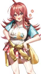 Rule 34 | absurdres, alternate height, bag, blush, breasts, clothes around waist, collarbone, feipin zhanshi, flower, hands on own hips, highres, idolmaster, idolmaster shiny colors, komiya kaho, large breasts, legs, long hair, looking at viewer, miniskirt, open mouth, print shirt, red eyes, red hair, red skirt, shirt, short sleeves, skirt, smile, solo, sweater, sweater around waist, thighs, toned, white background, yellow sweater