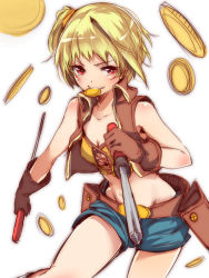 Rule 34 | 1girl, bare shoulders, belt, blonde hair, blush, coin, gloves, mataichi mataro, midriff, ole tower, phillips screwdriver (ole tower), red eyes, reverse grip, screwdriver, short hair, side ponytail, smile, solo, tools