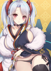 Rule 34 | 1girl, antenna hair, azur lane, bad id, bad pixiv id, black panties, black thighhighs, blush, breasts, collarbone, cross, fur, gluteal fold, grey hair, headgear, iron cross, japanese clothes, kimono, large breasts, long hair, long sleeves, looking at viewer, multicolored hair, panties, parted bangs, parted lips, prinz eugen (azur lane), prinz eugen (profusion of flowers) (azur lane), red eyes, shawl, side-tie panties, sideboob, sitting, solo, streaked hair, tassel, thighhighs, twintails, two-tone hair, two side up, underwear, wide sleeves, yellow background, yuzu-aki