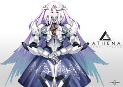 Rule 34 | 1girl, absurdres, armor, commission, frown, gradient background, grey background, hands on hilt, headgear, highres, keitel von birsk, long hair, looking at viewer, mecha musume, original, purple hair, science fiction, serious, sword, weapon, white background