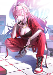 Rule 34 | 1girl, absurdres, blunt bangs, bracelet, breasts, chain, closed mouth, collarbone, earrings, eyewear on head, highres, holding, holding microphone, hololive, hololive english, jewelry, large breasts, long hair, looking at viewer, microphone, mori calliope, necklace, one eye closed, open clothes, pink eyes, pink hair, ponytail, red nails, ring, sleeves rolled up, smile, virtual youtuber, whoami (sok 0000)