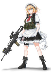 Rule 34 | 1girl, absurdres, apron, assault rifle, blonde hair, blue eyes, boots, g36 (girls&#039; frontline), girls&#039; frontline, gloves, gun, h&amp;k g36, highres, macline, maid, maid headdress, military, puffy sleeves, rifle, solo, utility vest, weapon, white background
