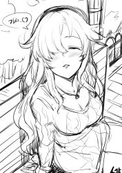 Rule 34 | 1girl, absurdres, blush, breasts, future princess, greyscale, guardian tales, hair over one eye, hairband, highres, long hair, looking at viewer, medium breasts, monochrome, mopqrkdnl1, signature, sitting, sketch, solo, speech bubble, sweater
