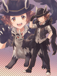 Rule 34 | 1boy, black gloves, black headwear, black pants, black vest, blush, brown eyes, brown hair, buttons, claw pose, closed eyes, closed mouth, collared shirt, commentary request, creatures (company), game freak, gen 3 pokemon, gloves, hand on headwear, hat, highres, hilbert (fall 2020) (pokemon), hilbert (pokemon), jewelry, looking at viewer, mightyena, necklace, nintendo, official alternate costume, open mouth, pants, parted lips, pokemon, pokemon (creature), pokemon masters ex, shirt, shoes, smile, standing, teeth, tongue, tukune, vest
