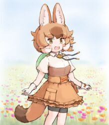 Rule 34 | 1girl, animal ears, blue sky, brown eyes, brown hair, dhole (kemono friends), extra ears, flower, gloves, hat, highres, kemono friends, kemono friends 3, leggings, looking at viewer, nature, outdoors, shirt, short hair, skirt, sky, smile, solo, tail, wolf ears, wolf girl, wolf tail, zzz ansh