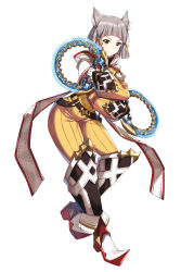 Rule 34 | 1girl, absurdres, animal ears, blunt bangs, bodysuit, cat ears, chakram, facial mark, flat chest, gloves, grey hair, highres, nia (xenoblade), short hair, simple background, solo, weapon, white background, white gloves, xenoblade chronicles (series), xenoblade chronicles 2, xiao qi, yellow bodysuit, yellow eyes