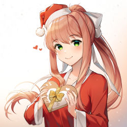 Rule 34 | 1girl, alternate costume, artist name, box, brown hair, commentary, doki doki literature club, dress, gradient background, green eyes, hair ribbon, hat, heart, heart-shaped box, highres, long hair, long sleeves, looking at viewer, monika (doki doki literature club), pom pom (clothes), ponytail, ribbon, santa dress, santa hat, sasoura, simple background, smile, solo, symbol-only commentary, upper body, white ribbon, wide sleeves