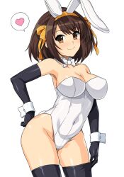 Rule 34 | 1girl, animal ears, blush, breasts, brown eyes, brown hair, cleavage, closed mouth, commentary, covered navel, detached collar, elbow gloves, fake animal ears, female focus, gloves, hair ornament, hand on own hip, haruhisky, heart, highleg, highleg leotard, highres, leotard, looking at viewer, medium breasts, playboy bunny, rabbit ears, rabbit tail, short hair, simple background, smile, solo, speech bubble, suzumiya haruhi, suzumiya haruhi no yuuutsu, tail, thighhighs, thighs, white background, white leotard, wrist cuffs