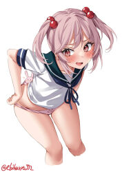 Rule 34 | 1girl, :d, animal, animal in clothes, bent over, blue ribbon, blush, bow, bow panties, collarbone, commentary request, cropped legs, ebifurya, furrowed brow, green sailor collar, groin, hair bobbles, hair ornament, highres, kantai collection, looking at viewer, neck ribbon, no pants, one-hour drawing challenge, open mouth, panties, pink hair, pink panties, rabbit, red eyes, ribbon, sailor collar, sazanami (kancolle), school uniform, serafuku, shirt, short sleeves, simple background, smile, solo, twintails, underwear, white background, white shirt