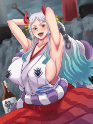 Rule 34 | 1girl, aqua hair, areola slip, armpits, breasts, female focus, green hair, highres, horns, huge breasts, large areolae, large breasts, lips, long hair, mikanberry, multicolored hair, nipples, one piece, open mouth, red eyes, sideboob, weapon, white hair, yamato (one piece)