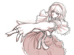 Rule 34 | 1girl, alice margatroid, capelet, dress, female focus, hairband, kuro suto sukii, monochrome, outstretched arm, perspective, short hair, sketch, solo, touhou