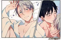 Rule 34 | 2boys, artist name, black hair, blue eyes, blush, close-up, closed eyes, comic, commentary request, fingernails, gearous, grey hair, happy, katsuki yuuri, kiss, kissing forehead, looking at viewer, male focus, mixed-language commentary, multiple boys, panels, profile, short hair, silent comic, smile, sparkle, teeth, upper body, viktor nikiforov, yaoi, yuri!!! on ice