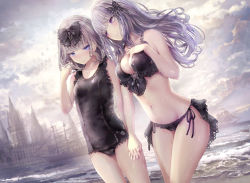 Rule 34 | 2girls, bare arms, bare shoulders, bikini, black bikini, black bow, black one-piece swimsuit, bow, breasts, building, butterfly hair ornament, cleavage, closed mouth, cloud, cloudy sky, commentary request, covered navel, day, frilled bikini, frills, grey hair, hair bow, hair ornament, hand up, highres, holding hands, long hair, medium breasts, missile228, multiple girls, old school swimsuit, one-piece swimsuit, original, outdoors, purple eyes, school swimsuit, ship, side-tie bikini bottom, sky, smile, swimsuit, tower, water, watercraft