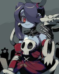Rule 34 | 1girl, 770mk, blue hair, blue skin, closed eyes, colored skin, corset, detached collar, graveyard, grey background, hair over one eye, leviathan (skullgirls), long hair, neckwear request, one-eyed, red eyes, skeletal hand, skullgirls, smile, squigly (skullgirls), stitched mouth, stitches, striped, striped sleeves, zombie