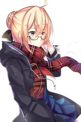 Rule 34 | adjusting eyewear, ahoge, artoria pendragon (all), artoria pendragon (fate), blonde hair, blue skirt, bow, breath, coat, comic, commentary request, fate/grand order, fate/stay night, fate (series), glasses, green eyes, hair bow, hair bun, hair up, hand in pocket, ido (teketeke), long sleeves, mysterious heroine x alter (fate), mysterious heroine x alter (first ascension) (fate), open clothes, open coat, plaid, plaid scarf, saber (fate), scarf, simple background, single hair bun, skirt, solo, white background, winter clothes, winter coat, yellow eyes