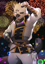Rule 34 | 1boy, absurdres, animal ears, blush, cat boy, cat ears, claw (weapon), claws, fireworks, furry, furry male, hand on own head, heterochromia, highres, kou (kouga0225), lanteveldt, looking at viewer, male focus, multicolored eyes, niehime to kemono no ou, tail, tongue, tongue out, weapon
