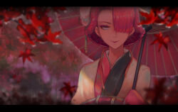 Rule 34 | 1girl, absurdres, autumn leaves, black kimono, blurry, blurry background, bungou stray dogs, closed mouth, commentary, eyeshadow, falling leaves, hair ornament, hair over one eye, hair stick, haori, highres, holding, holding umbrella, japanese clothes, kaibab, kimono, leaf, letterboxed, lips, lipstick, long sleeves, looking at viewer, makeup, maple leaf, oil-paper umbrella, one eye covered, ozaki kouyou (bungou stray dogs), pink kimono, rain, red eyes, red eyeshadow, red hair, red lips, red umbrella, short hair, smile, solo, two-tone kimono, umbrella, upper body, white haori