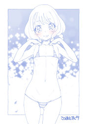 Rule 34 | 1girl, bikini, blue theme, blush, braid, braided hair rings, breasts, commentary, cowboy shot, delicious party precure, grin, hair rings, hanamichi ran, hands on own shoulders, highres, looking at viewer, medium hair, micro bikini, miyagoe yoshitsuki, monochrome, navel, outside border, precure, small breasts, smile, solo, spot color, standing, string bikini, striped bikini, striped clothes, swimsuit, translated, twin braids