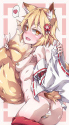 Rule 34 | 1girl, animal ear fluff, animal ears, anus, ass, bandaid, bandaid on pussy, bandaids on nipples, bar censor, bare shoulders, blonde hair, blush, breasts, censored, falco arrow, fang, flower, fox ears, fox girl, fox tail, hair between eyes, hair flower, hair ornament, hakama, hakama removed, hakama skirt, heart, highres, japanese clothes, kimono, long sleeves, looking at viewer, looking back, miko, off shoulder, open clothes, open kimono, open mouth, partially visible vulva, pasties, pussy, pussy peek, red hakama, ribbon trim, senko (sewayaki kitsune no senko-san), sewayaki kitsune no senko-san, short hair, skirt, small breasts, solo, tail, tail grab, transparent censoring, v, wide sleeves, yellow eyes