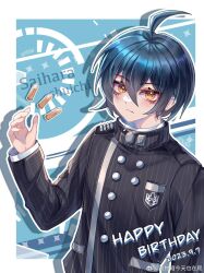 Rule 34 | 1boy, ahoge, black jacket, blue background, blue hair, border, bullet, buttons, character name, chinese commentary, closed mouth, collared jacket, commentary request, crest, danganronpa (series), danganronpa v3: killing harmony, dated, double-breasted, english text, expressionless, eyelashes, feiwu xiang jintian yezaipa, hair between eyes, high collar, highres, jacket, layered sleeves, light blush, light frown, long sleeves, male focus, object floating above hand, outline, outside border, outstretched hand, pinstripe jacket, pinstripe pattern, pocket, saihara shuichi, shadow, short hair, simple background, solo, sparkle, upper body, weibo watermark, white border, white outline, white undershirt, yellow eyes