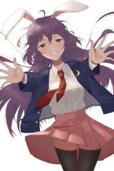 Rule 34 | 1girl, animal ears, black jacket, black thighhighs, collared shirt, commentary, crescent, crescent pin, highres, jacket, long hair, long sleeves, looking at viewer, necktie, pink skirt, purple hair, rabbit ears, rabbit tail, reaching, reaching towards viewer, red eyes, red necktie, reisen udongein inaba, shirt, simple background, skirt, solo, tail, thighhighs, touhou, umeko 81, white background, white shirt