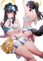 Rule 34 | 1girl, absurdres, animal ears, arm up, ass, black hair, blue archive, blush, breasts, bright pupils, commentary, dated commentary, dog ears, dog tail, feet out of frame, goggles, goggles on head, halo, hibiki (blue archive), hibiki (cheer squad) (blue archive), highres, holding, holding pom poms, looking at viewer, median furrow, medium breasts, millennium cheerleader outfit (blue archive), miniskirt, multiple views, official alternate costume, panties, pantyshot, pleated skirt, pom pom (cheerleading), pom poms, ponytail, rororo, sidelocks, simple background, skirt, sports bra, tail, tail under clothes, two-tone sports bra, underwear, white background, white panties, white pupils