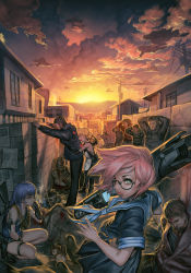 Rule 34 | 5girls, 6+boys, blonde hair, blood, blue hair, bullet, cigarette, corpse, death, glasses, green eyes, gun, highres, lips, looking back, maid, multiple boys, multiple girls, pink hair, rifle, saejin oh, squatting, sunset, weapon